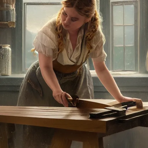 Prompt: highly detailed oil painting | very intricate | cinematic lighting | award - winning | sabrina carpenter as a simple carpenter fine craftsman | building a wooden table in their well organized clean workshop | beautiful cinematic light, american romanticism, by huang guangjian, gil elvgren, ruan jia, randy vargas, greg rutkowski, artstation, cgsociety, official art, octane