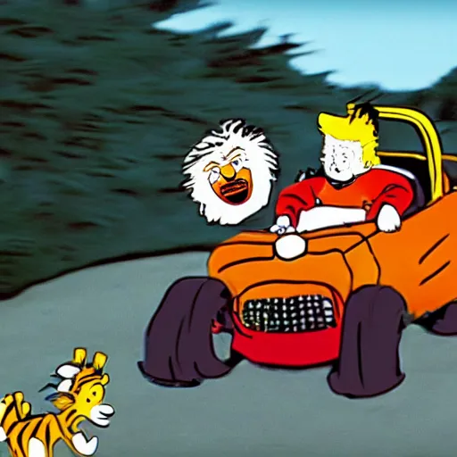 Image similar to wide angle shot of Donald trump driving a clown car over a cliff, Calvin and Hobbes,