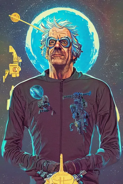 Image similar to Christopher Lloyd as Rick Sanchez, science fiction, retro cover, high details, intricate details, by vincent di fate, artgerm julie bell beeple, 60s, inking, vintage 60s print, screen print