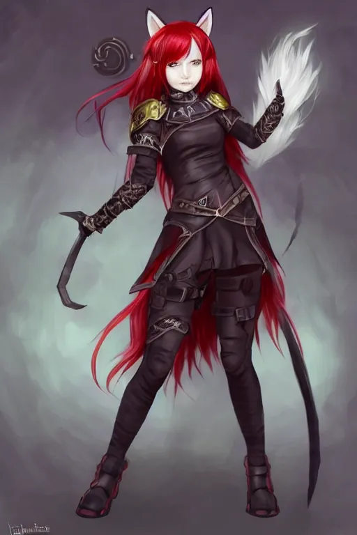 Prompt: Full body Picture of a Battle Mage!, female, human cat hybrid, norse inspired, wearing two silver bracelets!, dark brown skin, cat ears and cat tail!, light red hair, bob short haircut!, crimson leather attire, open midriff, battle position, detailed face features!, dark green eyes, D&D, DND, by artgerm and Craig Mullins, James Jean, WLOP, artgerm, Mark Simonetti and Peter Morbacher, matte painting, trending on artstation, artstationHD, artstationHQ, octane, full HD, 16K, alluring, no aditional characters, two arms and two legs!