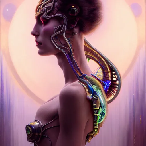 Image similar to extremely psychedelic beautiful cyborg queen of lsd infected by night. intricate, elegant, highly detailed, extremely lifelike photorealistic digital painting, artstation. steichen, gaston bussiere, tom bagshaw, cyberpunk alphonse mucha. elegant minimalism. anatomically correct. sultry. sharp focus. white. surreal lush hallucination