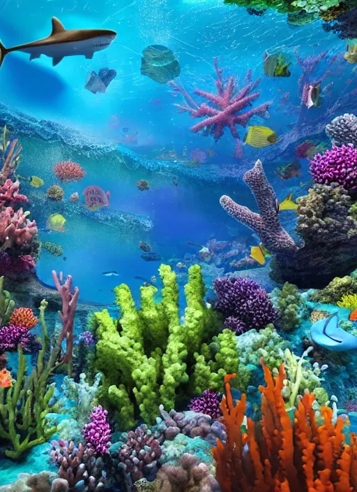 Image similar to a coral reef, bright colours, megaladon shark, hyper realistic, crystal clear blue underwater, 1 million point cloud digital image, unreal engine,