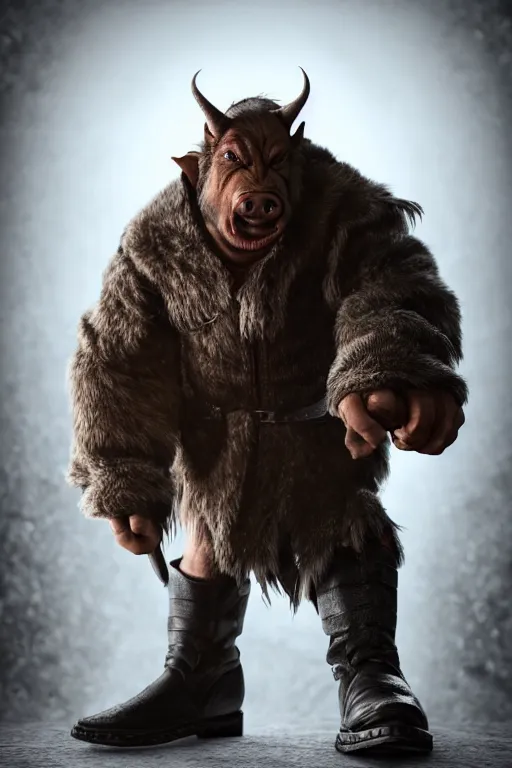 Image similar to A full body shot of a handsome orc-(((((pig))))) looking into the camera wearing a leather fur jacket and boots, full body shot, detailed face, portrait, artstation, realistic, highly detailed, symmetrical, D&D, Dungeons & Dragons, hyper realistic, dynamic pose, high detail, octane render, unreal engine, 8k, fantasy art, highly detailed, dramatic lighting, concept art