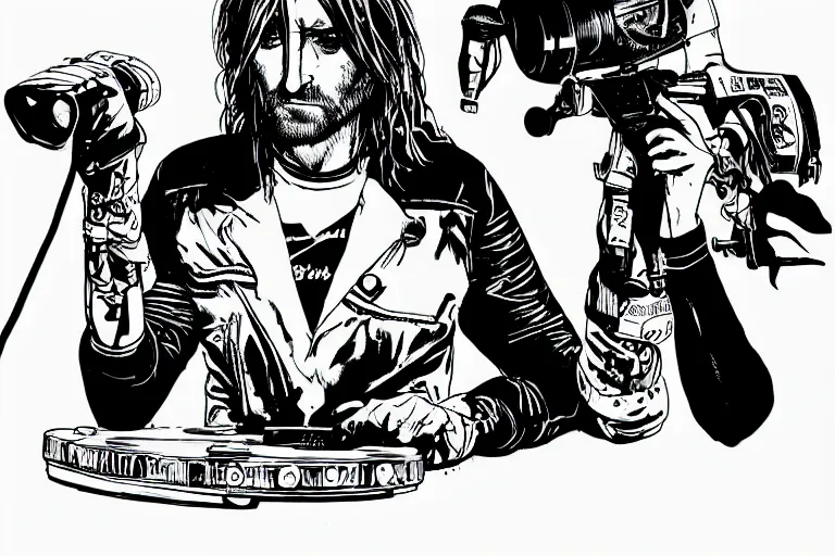 Image similar to david guetta djing with a turntable, a page from cyberpunk 2 0 2 0, style of paolo parente, style of mike jackson, adam smasher, johnny silverhand, 1 9 9 0 s comic book style, white background, ink drawing, black and white