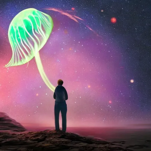 Image similar to over the shoulder photo of a man watching a magic glowing jellyfish in glowing cosmic stardust, colorful stars, galaxies, space, award winning photo, intricate, high detail, atmospheric, desolate, artstation