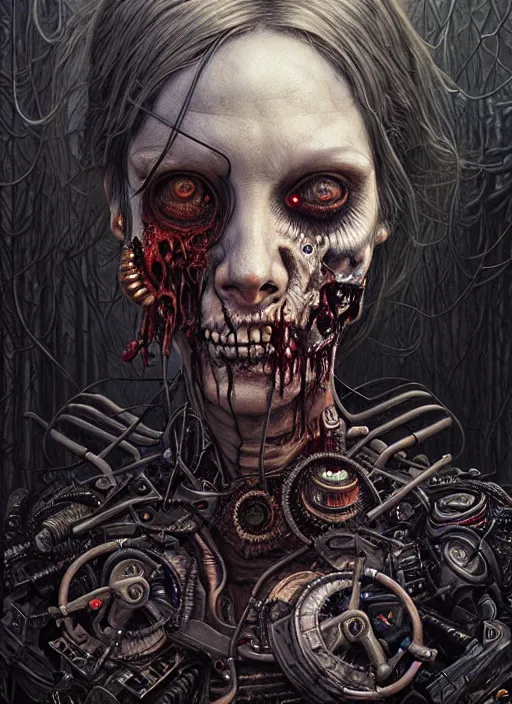 Prompt: portrait of zombie, hyper detailed masterpiece, dystopian background, jean giraud, digital art painting, darkwave goth aesthetic, lovecraftian, artgerm, donato giancola and tom bagshaw