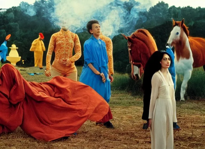 Prompt: 3 5 mm still from art house film by alejandro jodorowsky, wong kar - wai and wes anderson : : sensual scene in a picturesque outdoors setting : : fire, painted horse, high priestesses, smoke, debauchery, birds : : close - up of the actors'faces : : technicolor, 8 k