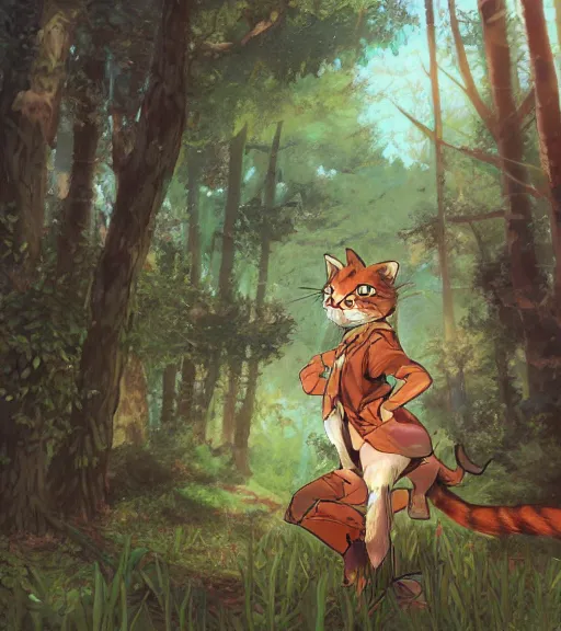 Image similar to character portrait of the anthro anthropomorphic cat head animal person fursona wearing clothes standing in the bright forest, hidari, color page, tankoban, 4 k, tone mapping, akihiko yoshida