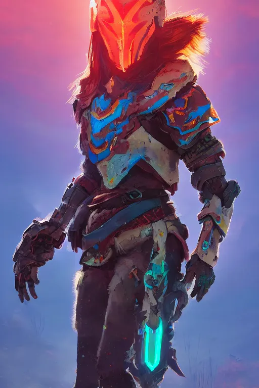 Image similar to combination suit armor aloy horizon forbidden west horizon zero dawn radiating a glowing aura global illumination ray tracing hdr fanart arstation by ian pesty and alena aenami artworks in 4 k tribal robot ninja mask helmet backpack