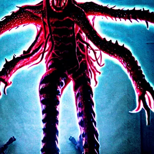 Image similar to demogorgon from stranger things, skin crawling hissing towards the viewer, extremeely spooky vibe, aggressive stance, gesturing towards the camera, ready for attack, comic lighting, the upside down