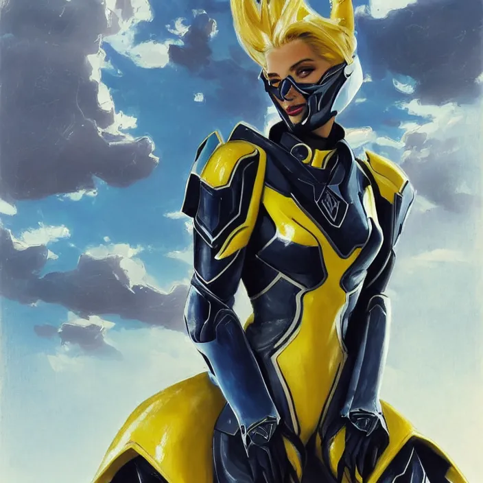 Image similar to A combination of Adriana Dxim's and Grace Kelly's and Ashley Greene's appearances with blonde hair wearing Interceptor's armor from Anthem, countryside, calm, fantasy character portrait, dynamic pose, above view, sunny day, thunder clouds in the sky, artwork by Jeremy Lipkin and Giuseppe Dangelico Pino and Michael Garmash and Rob Rey and Greg Manchess and Huang Guangjian, very coherent asymmetrical artwork, sharp edges, perfect face, simple form, 100mm