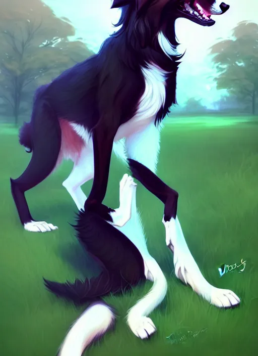 Prompt: wide angle beautiful full body portrait of a cute male bipedal anthro border collie fursona posing in front of a park, character design by charlie bowater, henry asencio, and ross tran, furry art, furaffinity, beautiful, glamor pose, detailed, aesthetic, trending on artstation