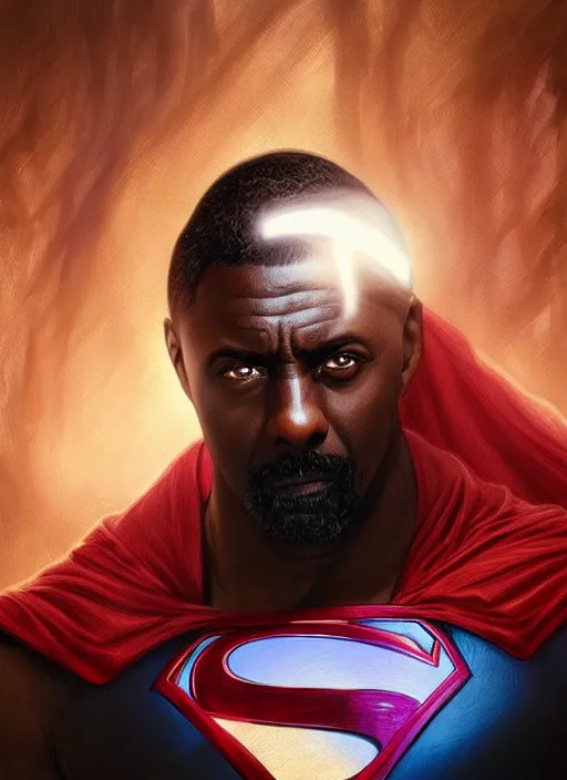 Image similar to Idris Elba as Superman, fantasy, intricate, elegant, highly detailed, digital painting, artstation, concept art, smooth, sharp focus, illustration, art by artgerm and greg rutkowski and alphonse mucha