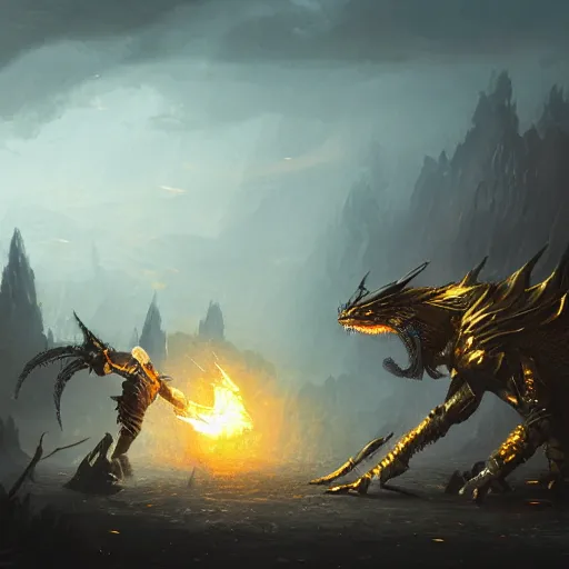 Prompt: anthropomorphic knight warrior wearing black and gold plate armor fighting a cyberdragon, oil painting, Tooth Wu, Greg Rutkowski, RPG, dynamic lighting, fantasy art, High contrast, depth of field, landscape, scenery