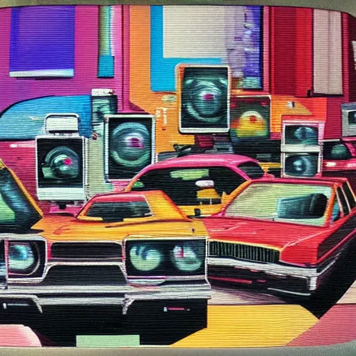 Image similar to array of crt televisions made out of cars, tv static, blob, technology, antenna, stacked, junkyard, polaroid, steroids, adult video store, impressionist painting, painting, acrylic painting, cell shaded