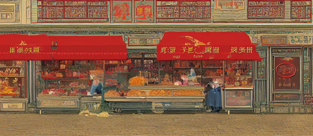 Image similar to a beautiful hyperdetailed render of roasted duck small shop, simple style, from china, with merchant logo, simple structure, surrealistic, chinese style, victo ngai, james jean, denoise, deblurring