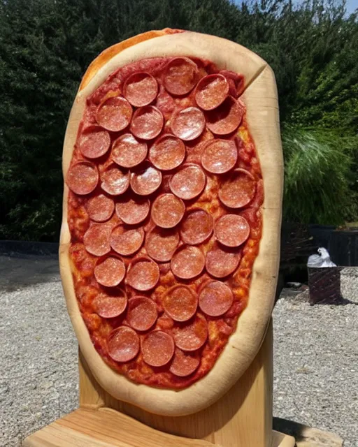 Image similar to wooden carving statue of a pepperoni pizza, product picture, ebay listing thumbnail
