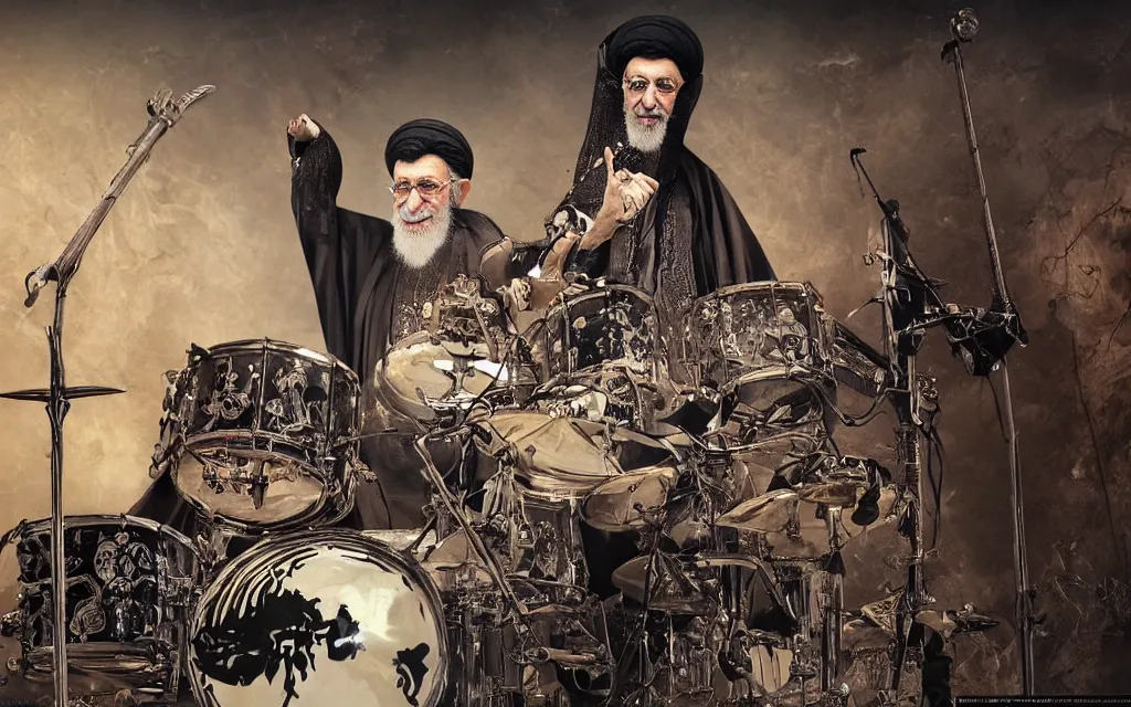 Image similar to khamenei playing drums in heavy metal band in hell hanged, corded, bodies hanged in horizon, skulls around, high definition, trending on artstation, unreal engine, photorealistic, high resolution,, trending on deviantart, hdr, hyper detailed, insane details, intricate, elite, ornate, elegant, luxury, dramatic lighting