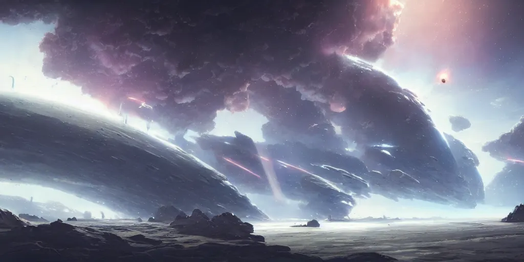 Prompt: Dramatic space battle among an asteroid field, immense and wondrous, Greg Rutkowski and Studio Ghibli
