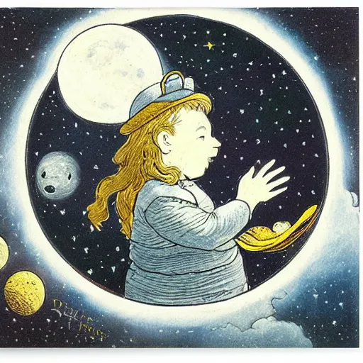 Image similar to dan morris celestial smiling talking moon portrait, side view, surrounded by clouds, illustrated by peggy fortnum and beatrix potter and sir john tenniel