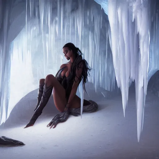 Image similar to clothed succubus in the ice cave. greg rutkowski. boris vallejo. color grading lut 3 8 4 0 x 2 1 6 0