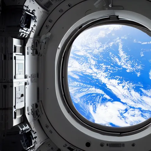 Prompt: looking out of a space station window 8 k hyperrealism