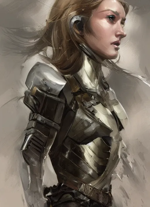 Image similar to a professional painting of a beautiful young female, clothed in military armor, olive skin, long dark hair, beautiful bone structure, symmetrical facial features, intricate, elegant, digital painting, concept art, smooth, sharp focus, illustration, from Metal Gear, by Ruan Jia and Mandy Jurgens and Artgerm and William-Adolphe Bouguerea