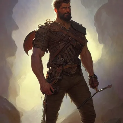 Image similar to Rugged ranger, male, man, D&D, muscular thighs, fantasy, intricate, elegant, highly detailed, digital painting, artstation, concept art, smooth, sharp focus, illustration, art by artgerm and greg rutkowski and alphonse mucha