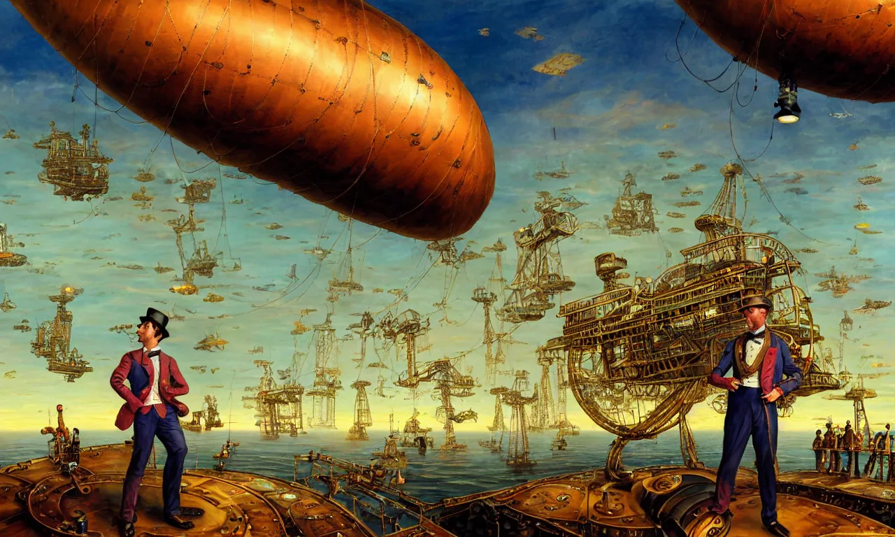 Image similar to close up of a gentleman navigator standing on deck of his steampunk zeppelin flying over a vast ocean of a very large language model, observing giant flying robot harvesters collecting data relations in the background, painted by josh kirby, ligne claire, very detailed and colorful, low light, sundown