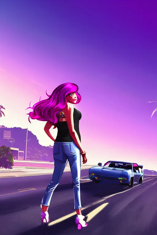 Prompt: a stunning GTA V loading screen with a beautiful woman with ombre purple pink hairstyle, hair blowing in the wind, outrun, vaporware, retro, digital art, trending on artstation