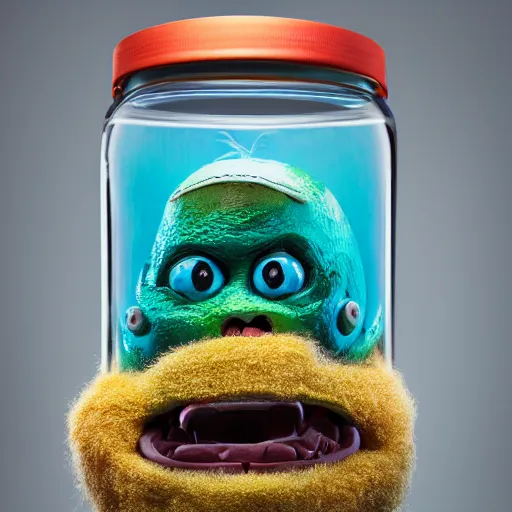 Prompt: Evil monster in a jar, product photography, studio lightning