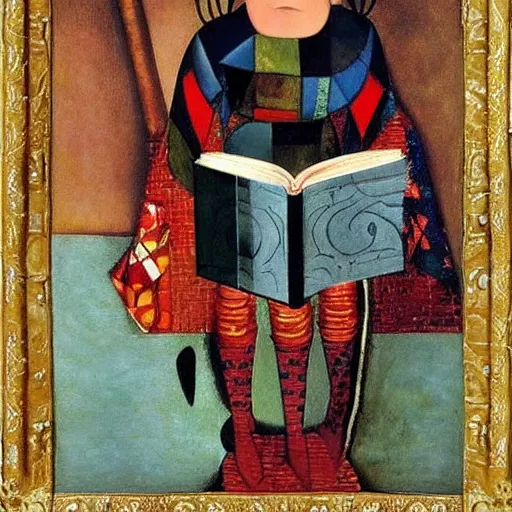 Prompt: interesting maximalist elaborate full body portrait of a medieval boy, in a fancy elaborate dress, reading a book. in the style of Caravaggio, Amedeo Modigliani, kawase hasui and paul klee. mixed media, vibrant 3d textures, natural shiny colours. amazing hyperdetailed fashion of Vivienne Westwood. HD wide view 8x no frame matte background