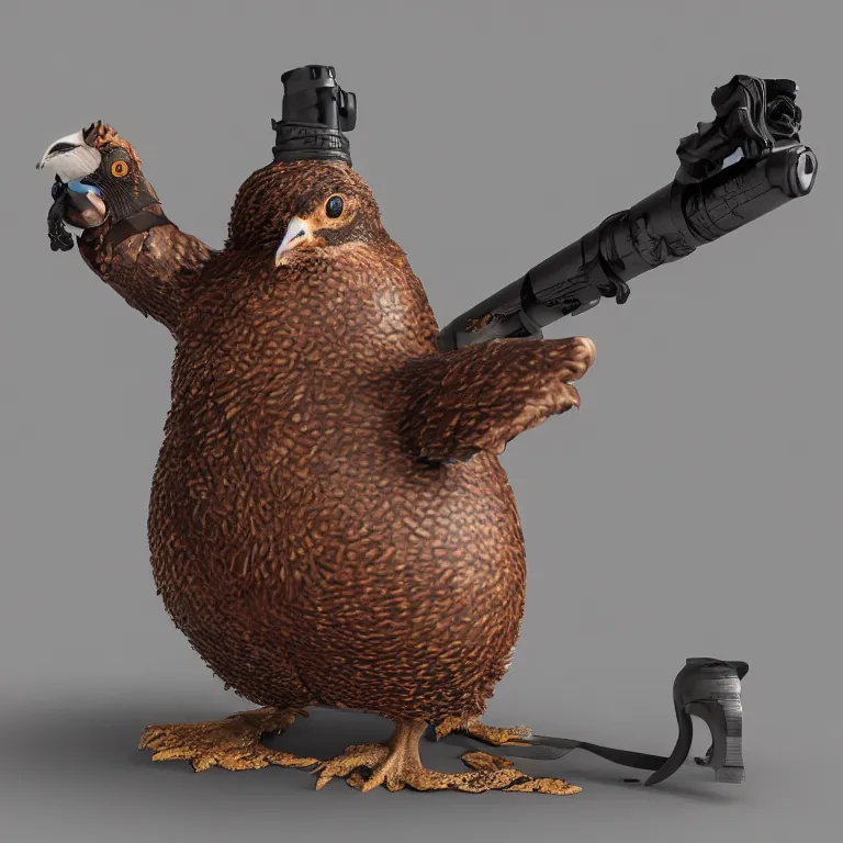 Prompt: a 3 d model of a grouse holding a blunderbuss, studio lighting, octane render, hyper detailed, product photography, 8 k, highly detailed