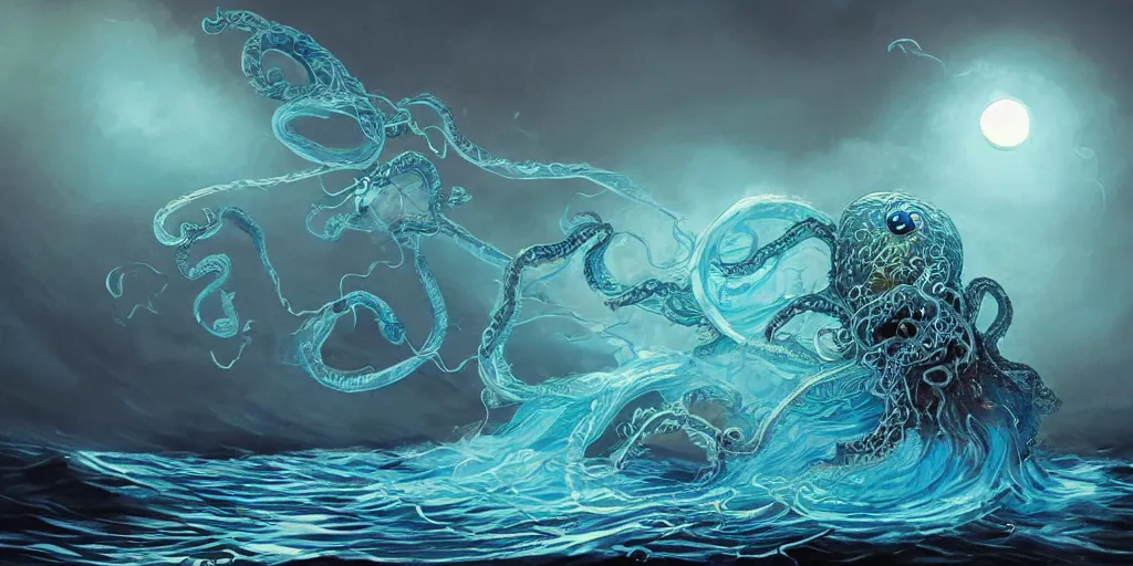 Prompt: a portuguese man o'war being attacked by a cthulhu in an ocean lit only by the light reflected off the moon, digital painting, artstation, dark, fog