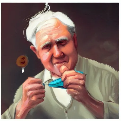 Image similar to thomas edison eating pork stew, trending on artstation