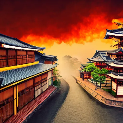 Prompt: japanese town on fire, sunset, 8k, high details, photorealistic, sharp