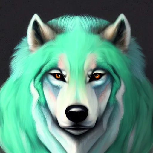 Image similar to Beautiful Digital Portrait Drawing of Mint-Colored Anthropomorphic Unicorn Wolf ,Trending on Artstation