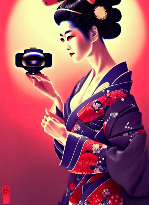 Prompt: sensual japanese geisha wearing vr eyepiece, intricate geisha kimono, robotic, android, cyborg, cyberpunk face, steampunk, fantasy, intricate, elegant, highly detailed, colorful, vivid color, digital photography, cool warm lighting, futurism, artstation, concept art, art by artgerm and greg rutkowski and ruan jia,