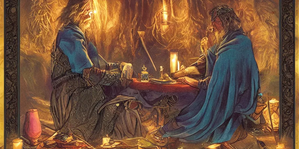 Image similar to wizard performing a tarot reading, cards, fantasy, digital art, soft lighting, 8 k, highly detailed