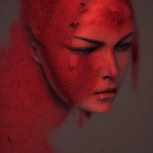 Prompt: abstract cloth pressing against a face, sad, highly detailed, modern, digital art, red color, unreal engine, photorealism, cinematic lighting, 8k photorealistic, dramatic, trending on artstation, by Greg Rutkowski