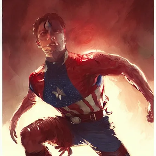 Image similar to capitan america as a zombie, by greg rutkowski, mucha, artgerm,