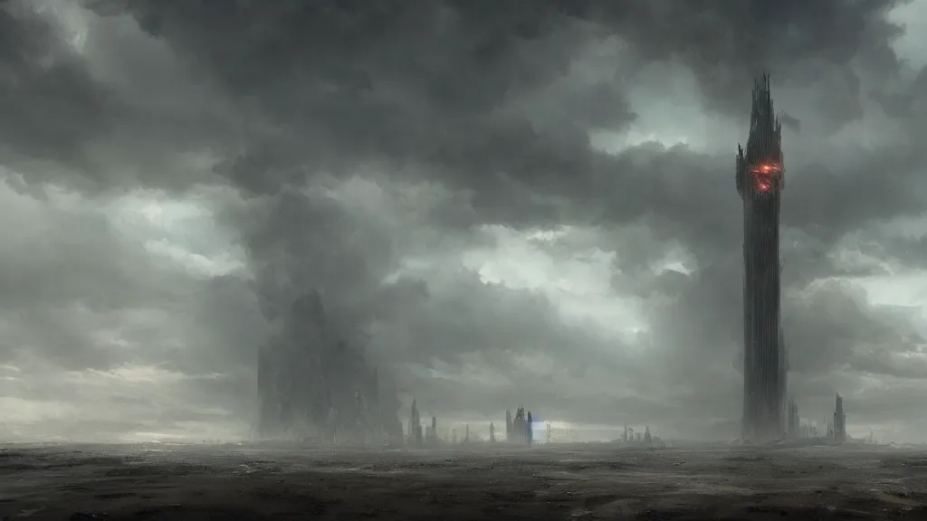 Prompt: epic storm by greg rutkowski the last tower. sand. lonely. ominous. 3 8 4 0 x 2 1 6 0