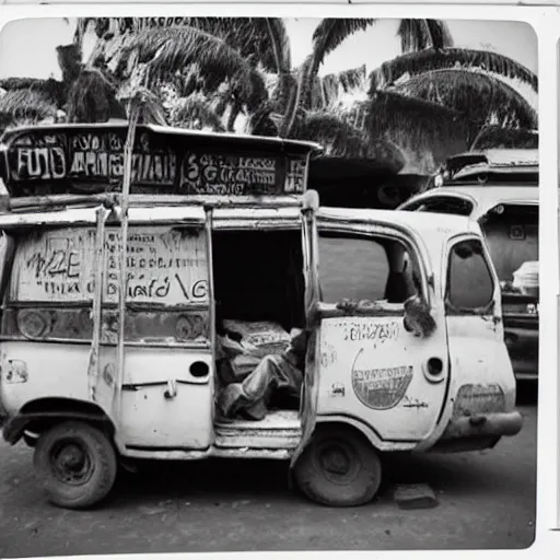 Image similar to old polaroids of futuristic african mobile market places in lagos traffic, side of taxi as fruit stand