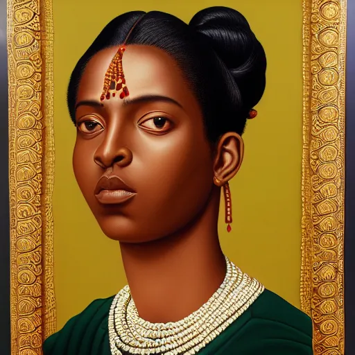 Image similar to A portrait of a slender stylish and attractive non-binary person, dark skin tone, Indian, oil painting by Kehinde Wiley, majestic, detailed, high resolution