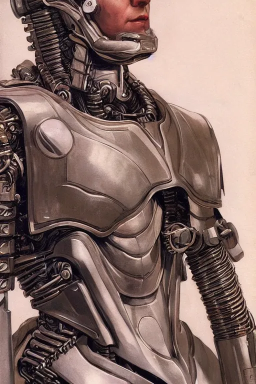 Image similar to futurist armor for half human half robot soldiers, art by leyendecker, head and shoulders portrait, cyberpunk, cybernetic implants, intricate, extreme details