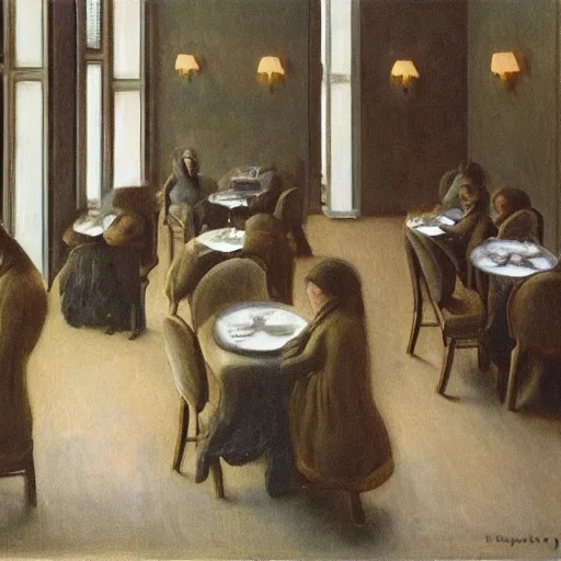 Prompt: tardigrades in restaurant in style of vilhelm hammershoi