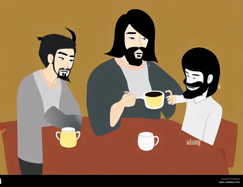 Image similar to asian with a beard treats a guy with long black hair with a cup of tea by kezie demessance