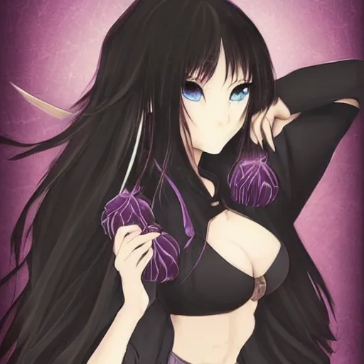 Image similar to beautiful female wizard, blue eyes, black clothing, daughter of death, cute, japanese style anime, intricate