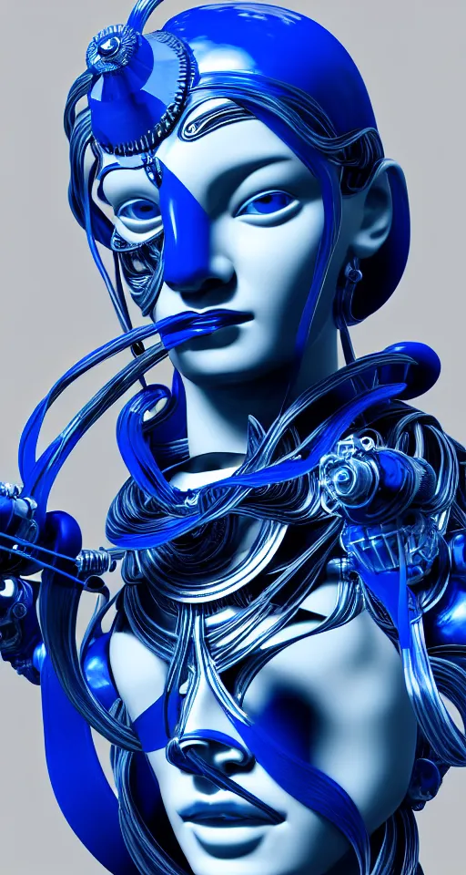 Image similar to portrait of a graceful cyborg, made of porcelain of delft, blue of delft, mechanical details, fluid cable, octane, 8 k resolution, detailed, realistic