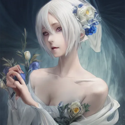 Image similar to white haired anime girl in a vaporous wrapped large victorian cream roses silk semi-transparent blue and cream dress fashion is running D&D, fantasy, intricate, elegant, highly detailed, digital painting, artstation, concept art, matte, sharp focus, illustration, art by Artgerm and Greg Rutkowski and Alphonse Mucha, UHD